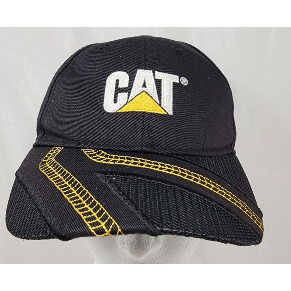 CAT Black Adjustable Baseball Cap with Yellow Tire Track Design and Mesh